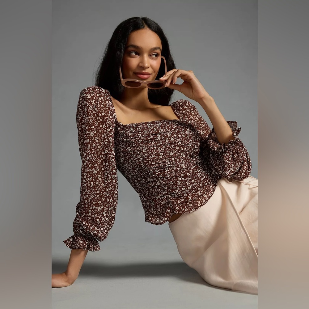 Astr Floral Puff Sleeve Top - Brown and White
